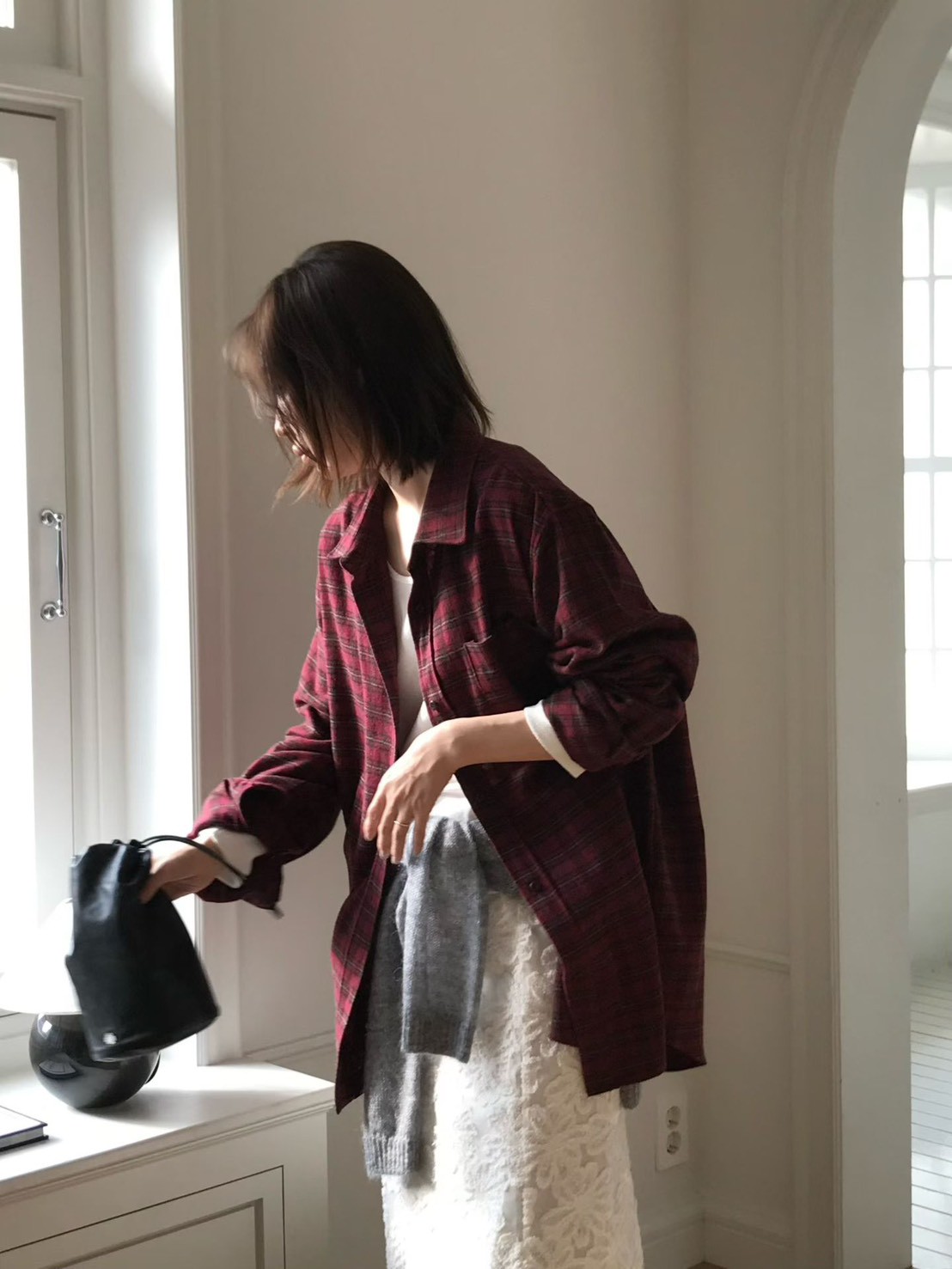 A07.小V家低調格紋長版襯衫