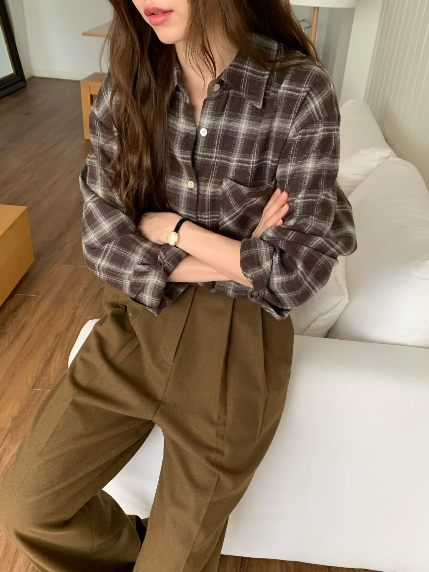 A78.英倫女孩冬季格紋絨襯衫