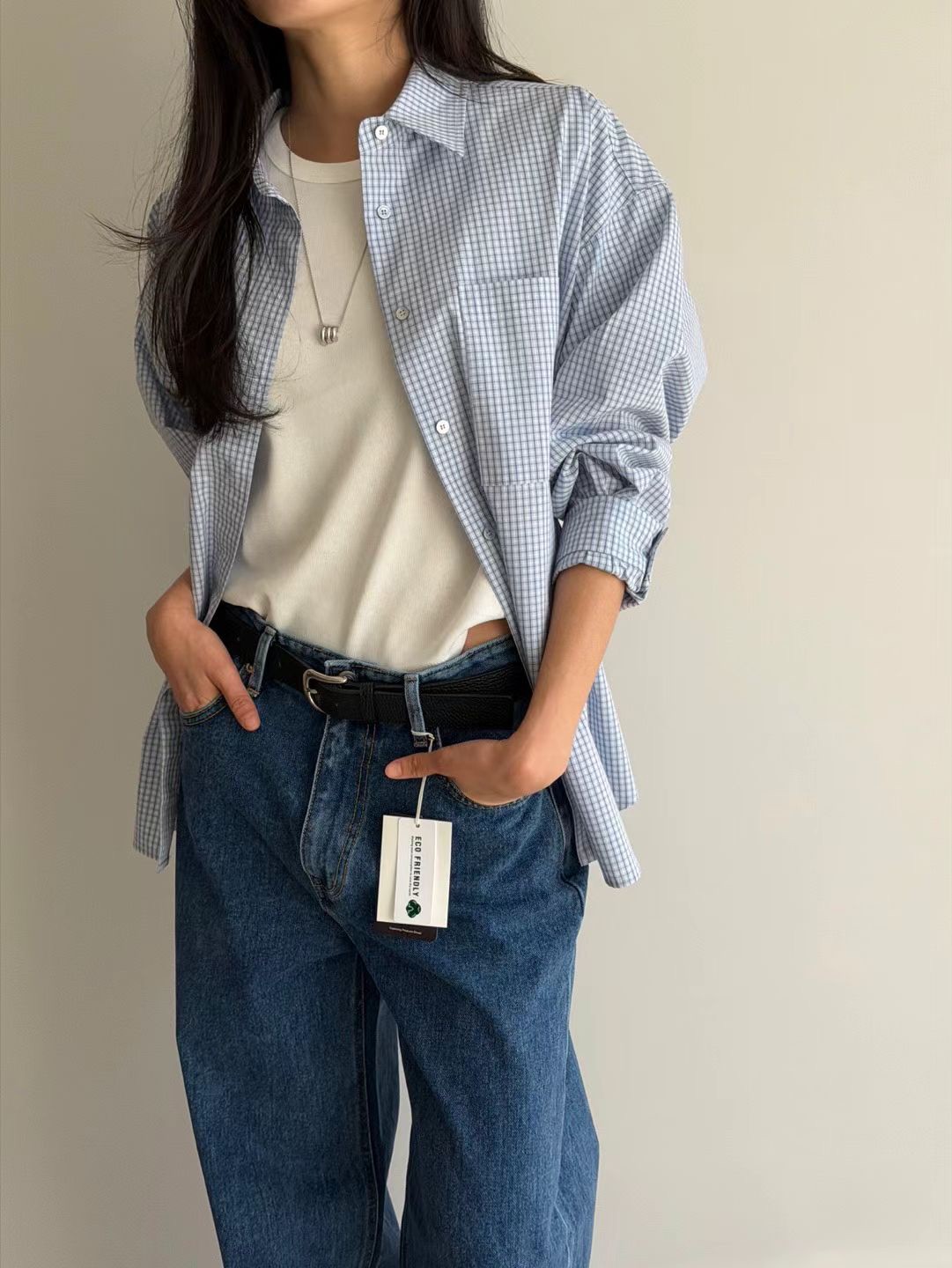 B25.瘦瘦歐膩好感女孩清爽小格紋襯衫