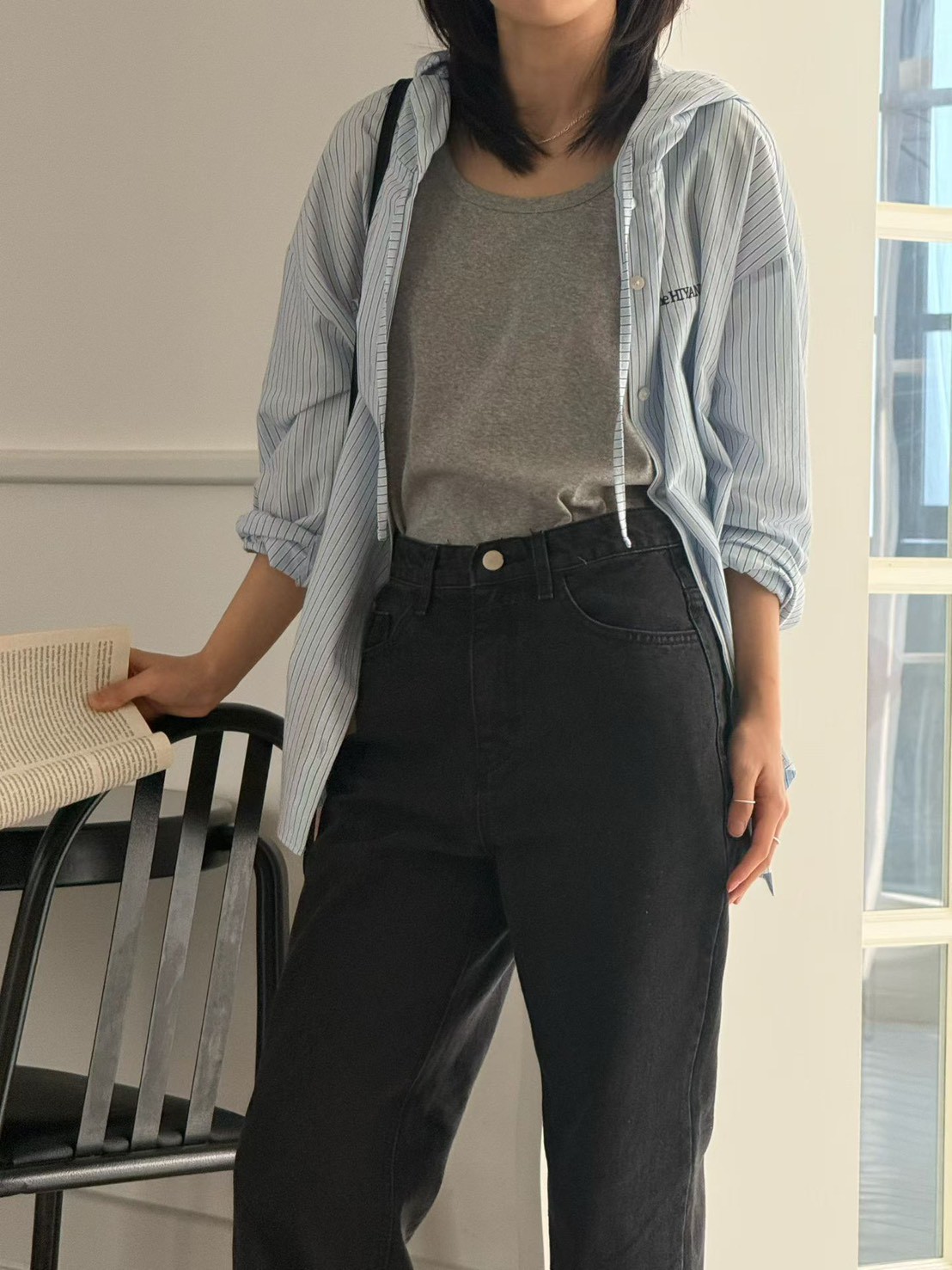 B40.清爽色連帽休閒條紋罩衫