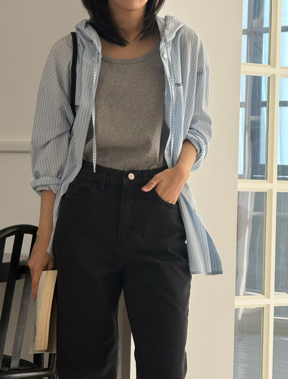 B40.清爽色連帽休閒條紋罩衫