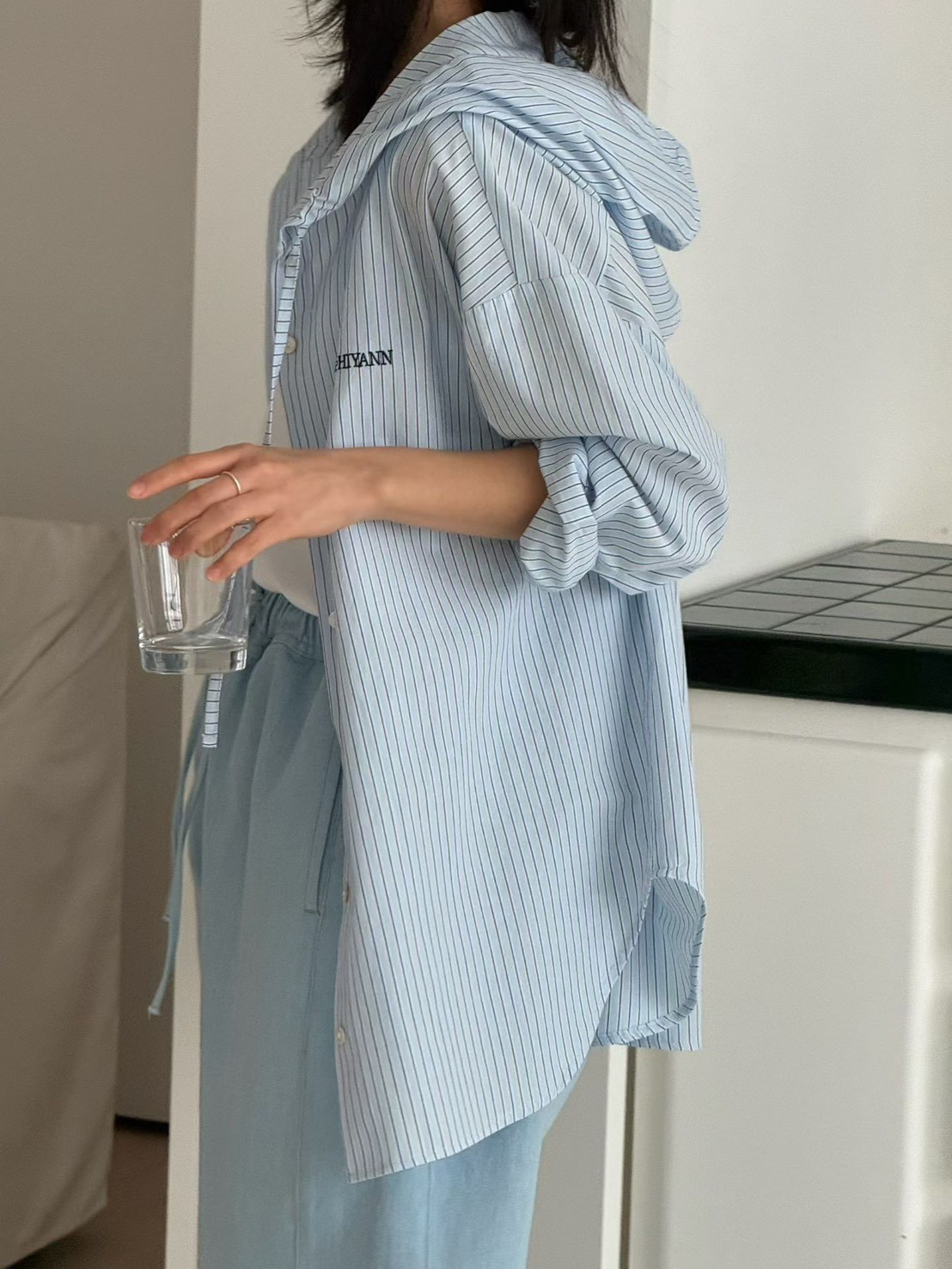 B40.清爽色連帽休閒條紋罩衫