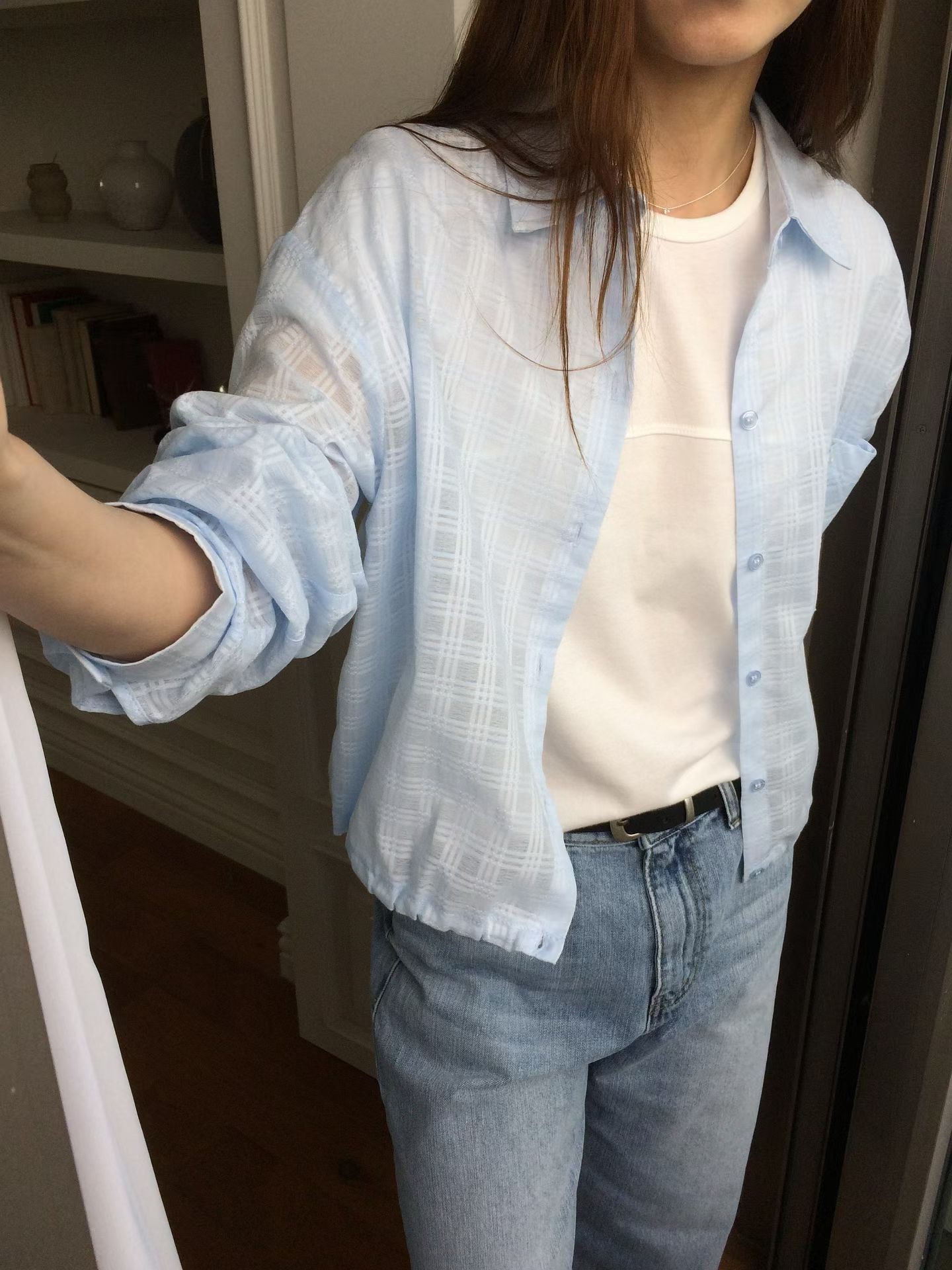 B37.甜甜鬆餅格微透襯衫