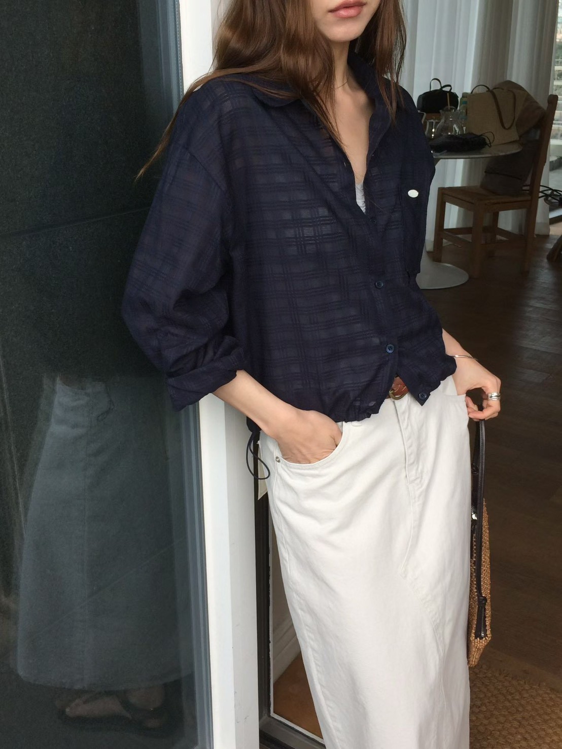 B37.甜甜鬆餅格微透襯衫