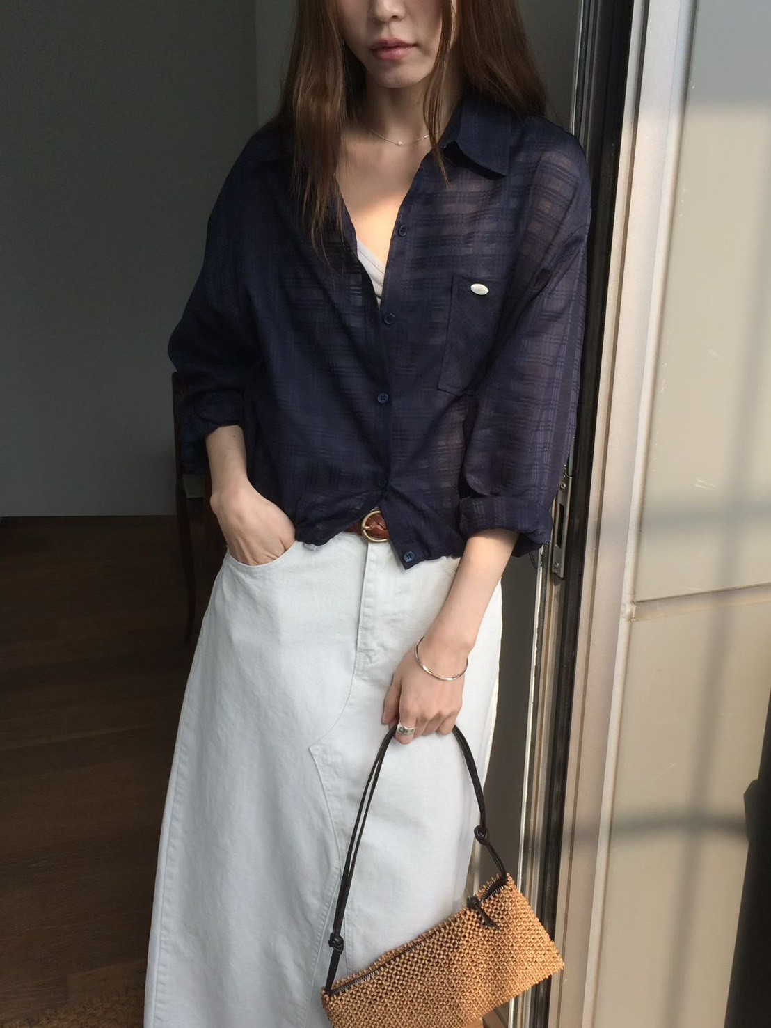 B37.甜甜鬆餅格微透襯衫