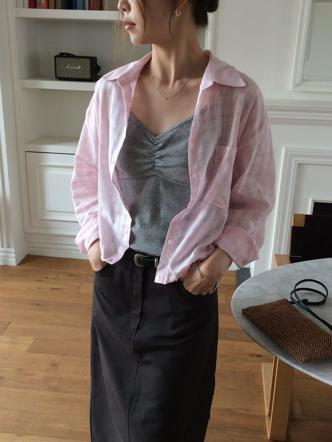 B37.甜甜鬆餅格微透襯衫