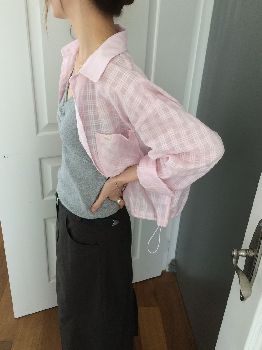 B37.甜甜鬆餅格微透襯衫