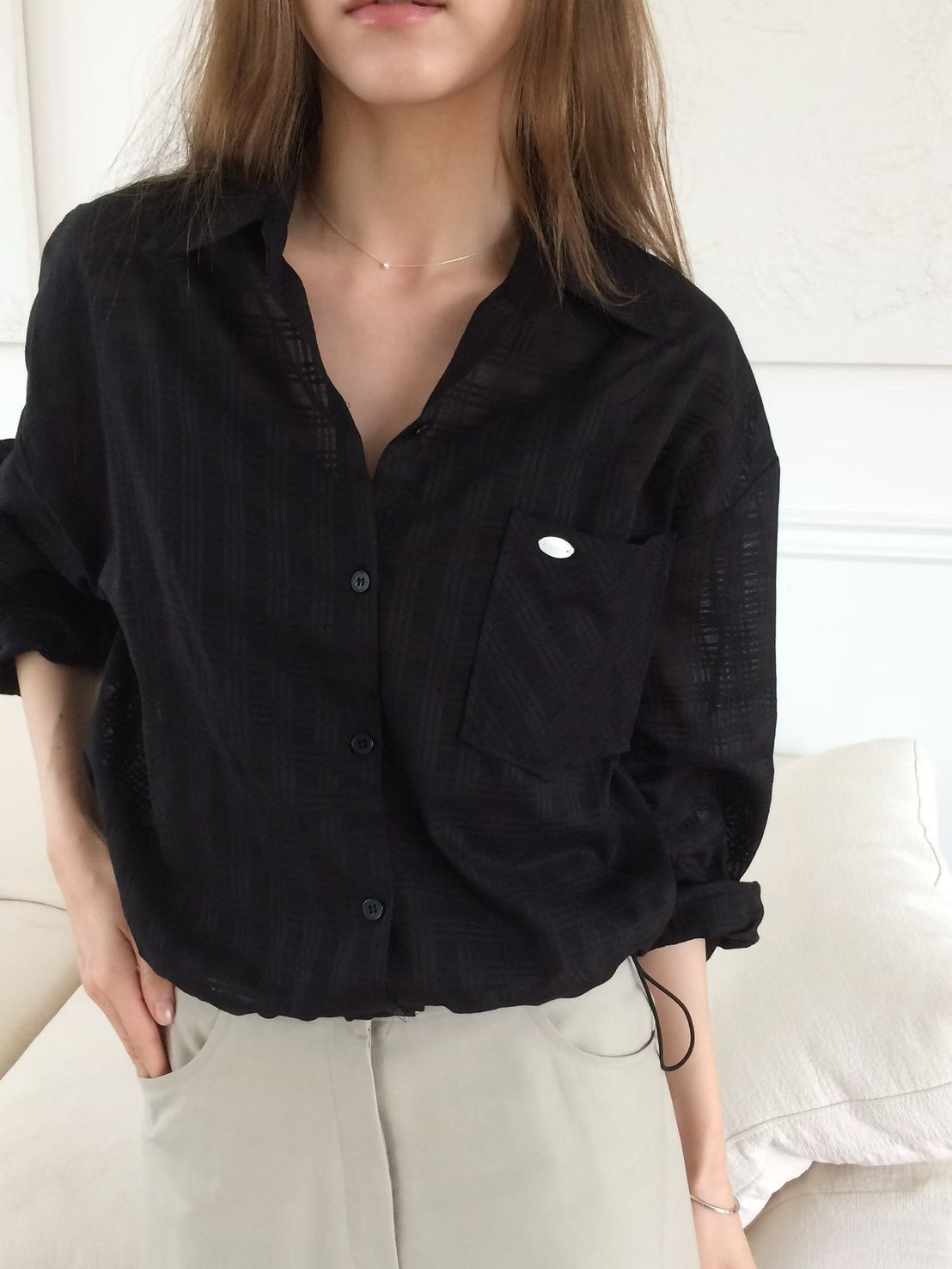 B37.甜甜鬆餅格微透襯衫