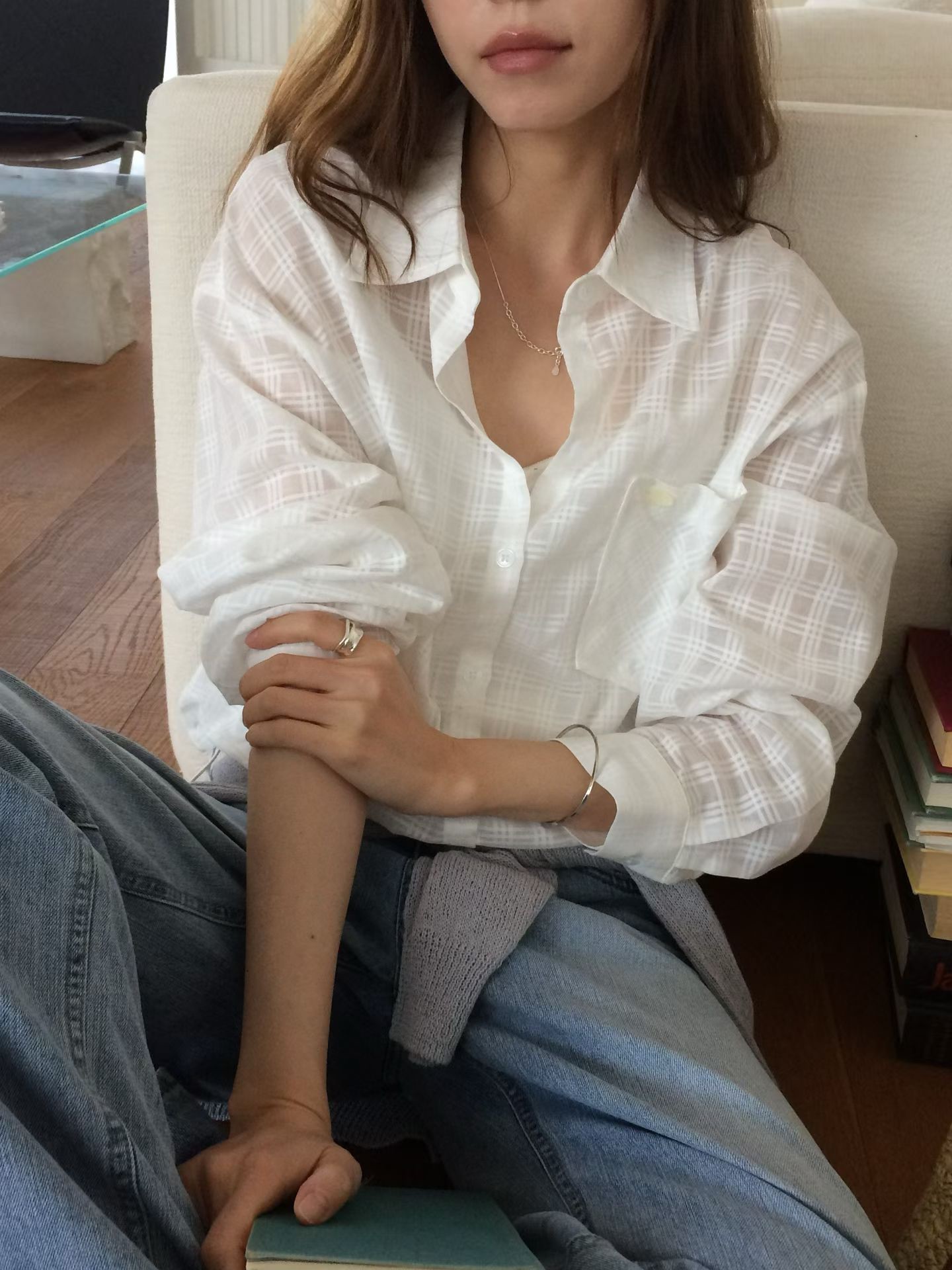 B37.甜甜鬆餅格微透襯衫