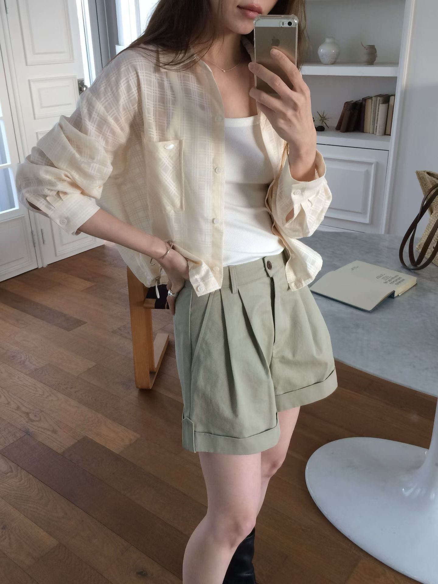 B37.甜甜鬆餅格微透襯衫