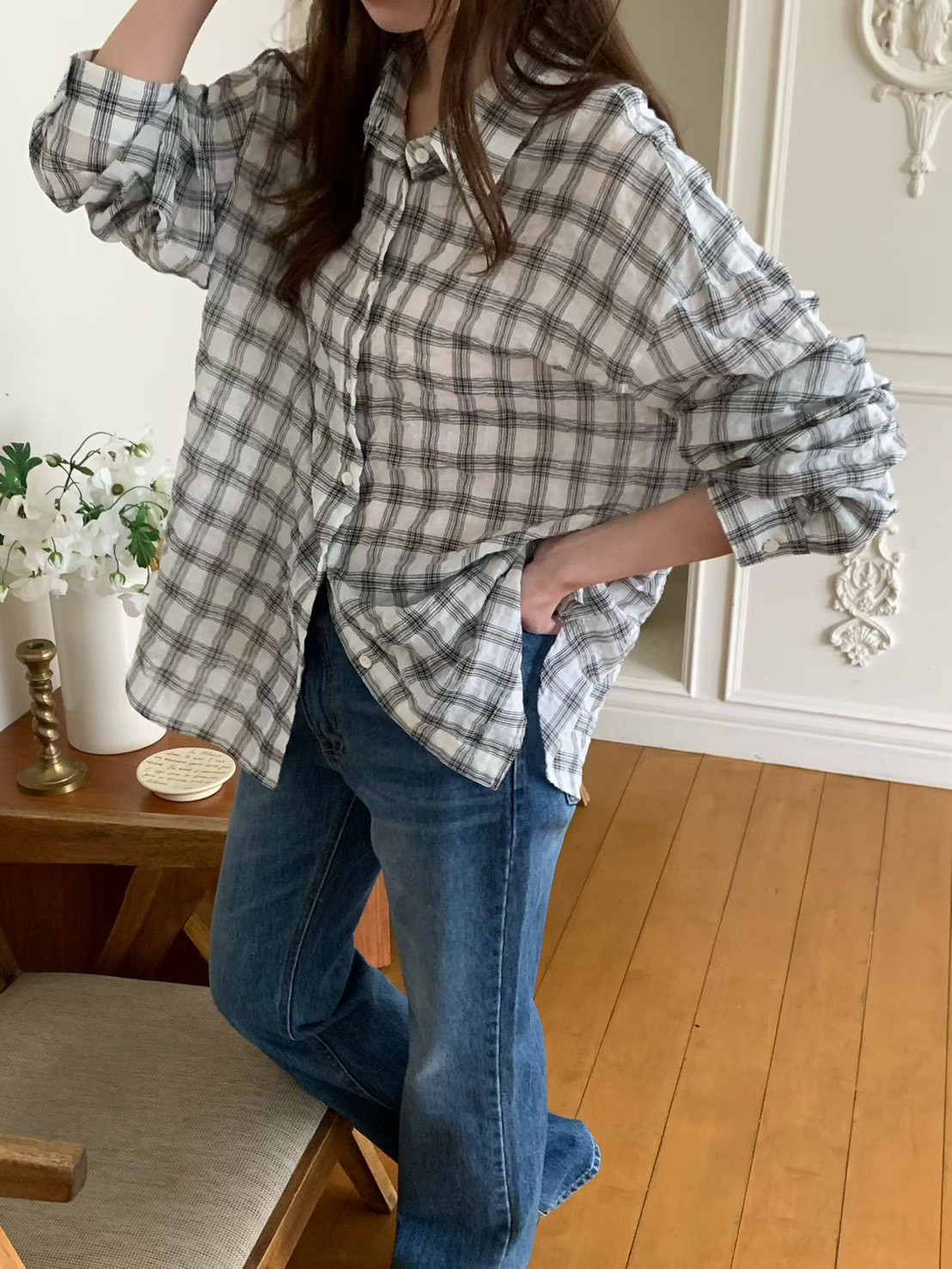 B79.泡泡布格子襯衫