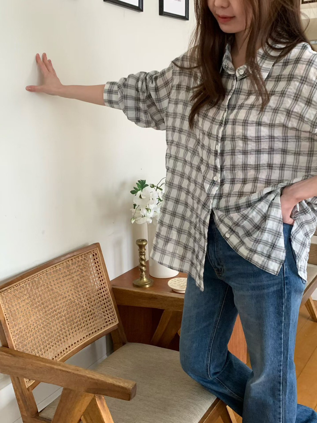 B79.泡泡布格子襯衫