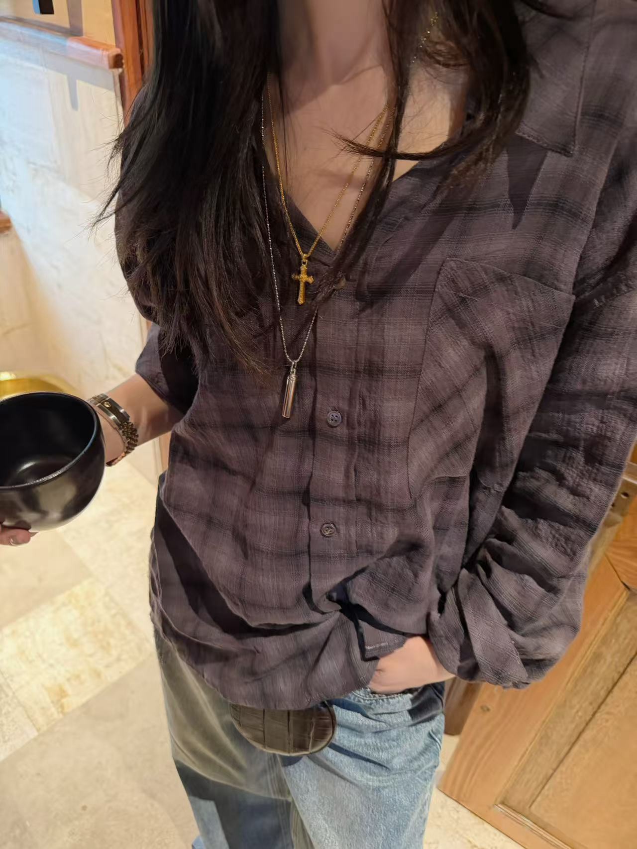 B74.初秋霧柔感格紋襯衫