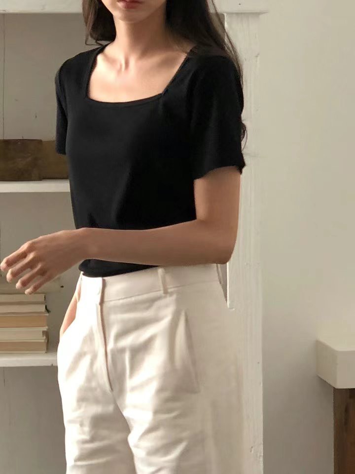 A91.顯瘦方領彈性TEE