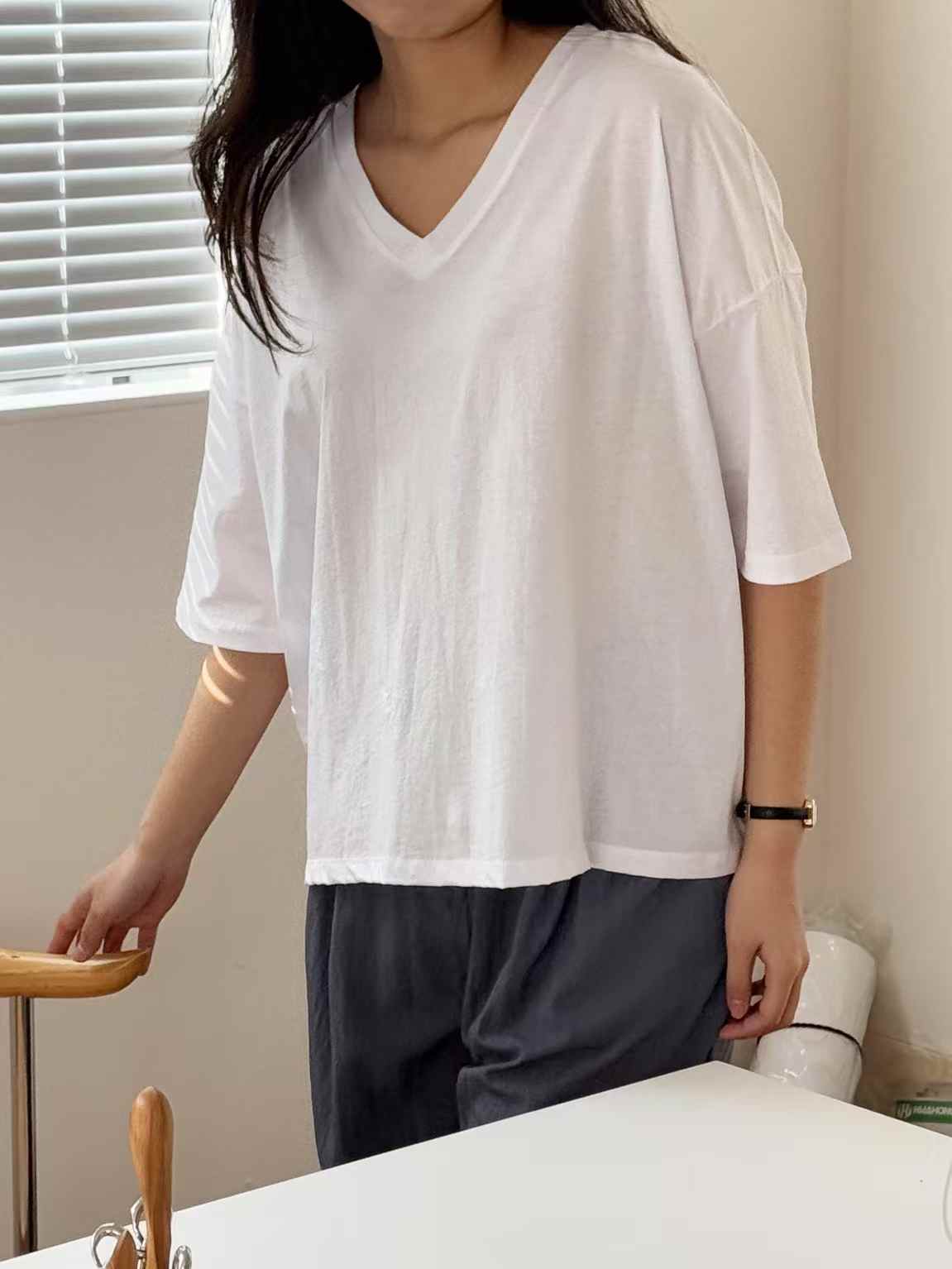 B12.V領落肩六分袖寬鬆TEE