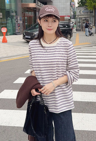 B129.復古風撞色條紋TEE