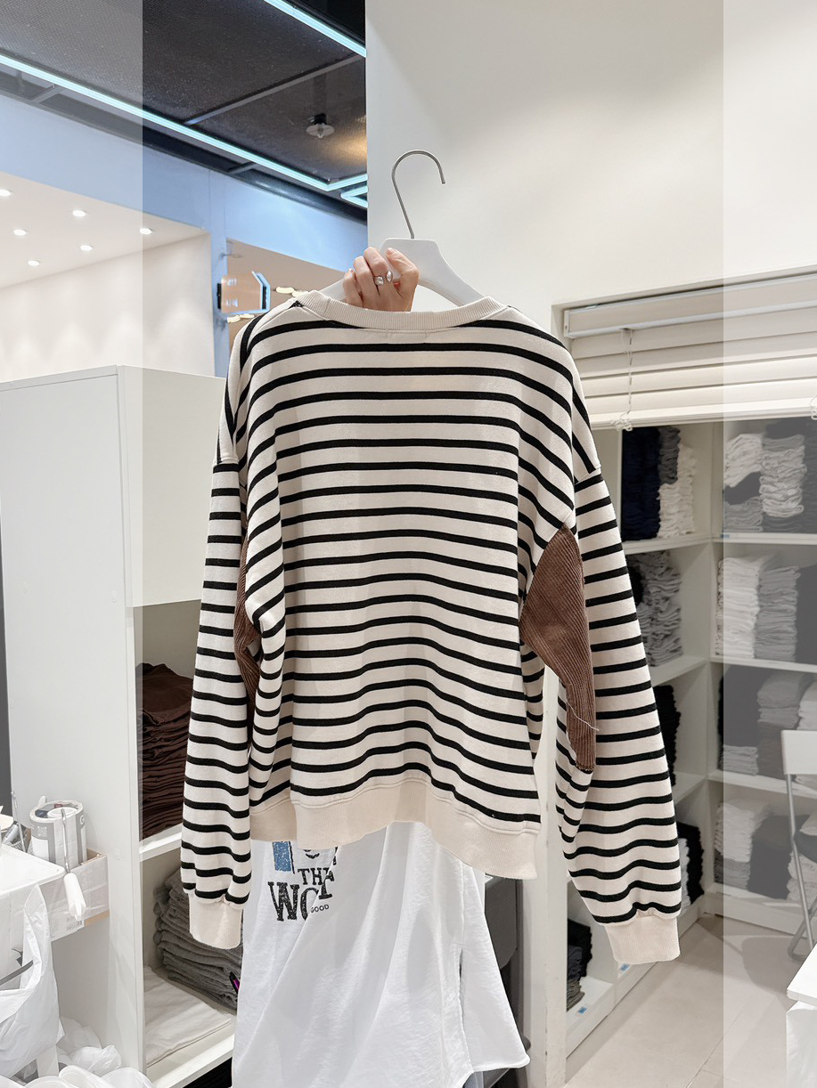 A02.拼接設計內磨毛條紋大學TEE