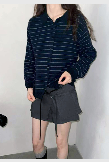 A40.韓國羊毛混紡條紋POLO針織上衣