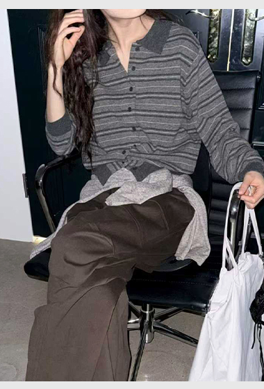 A40.韓國羊毛混紡條紋POLO針織上衣