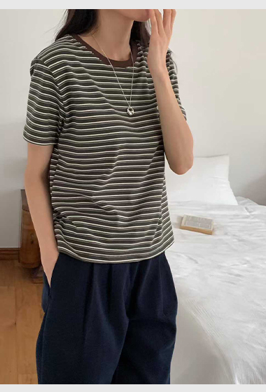 B22.復古撞色條紋圓領短TEE