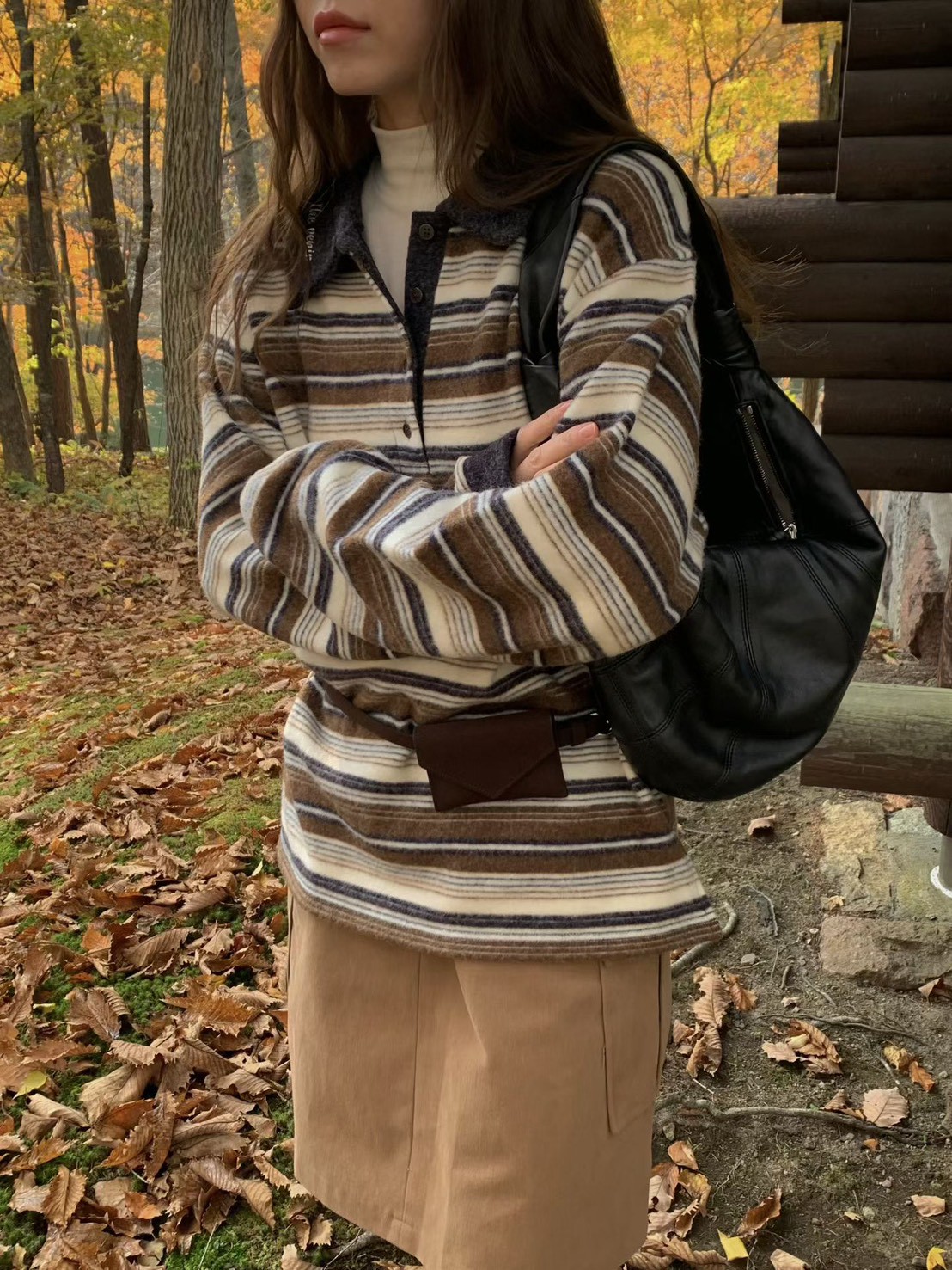 A68.復古女孩POLO領彩色條紋毛料上衣