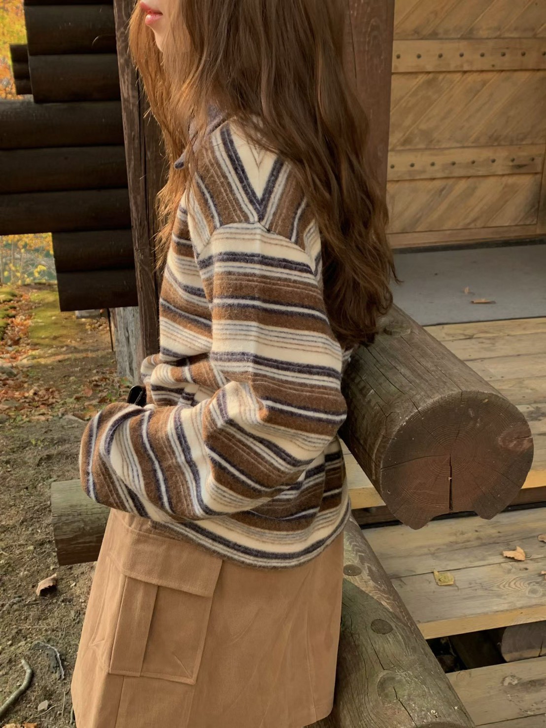 A68.復古女孩POLO領彩色條紋毛料上衣