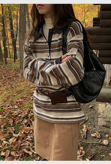 A68.復古女孩POLO領彩色條紋毛料上衣