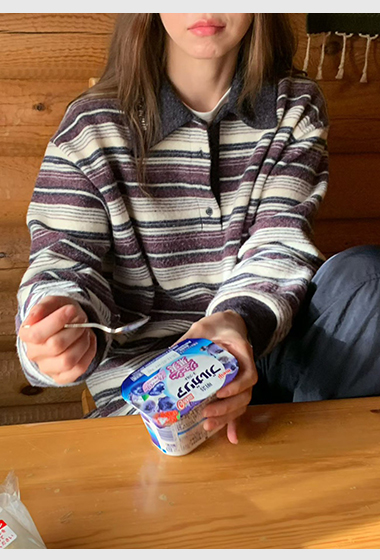 A68.復古女孩POLO領彩色條紋毛料上衣