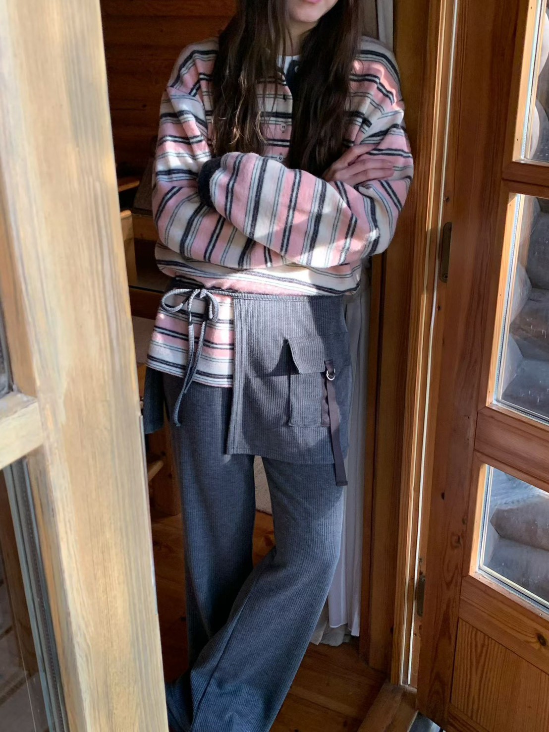 A68.復古女孩POLO領彩色條紋毛料上衣