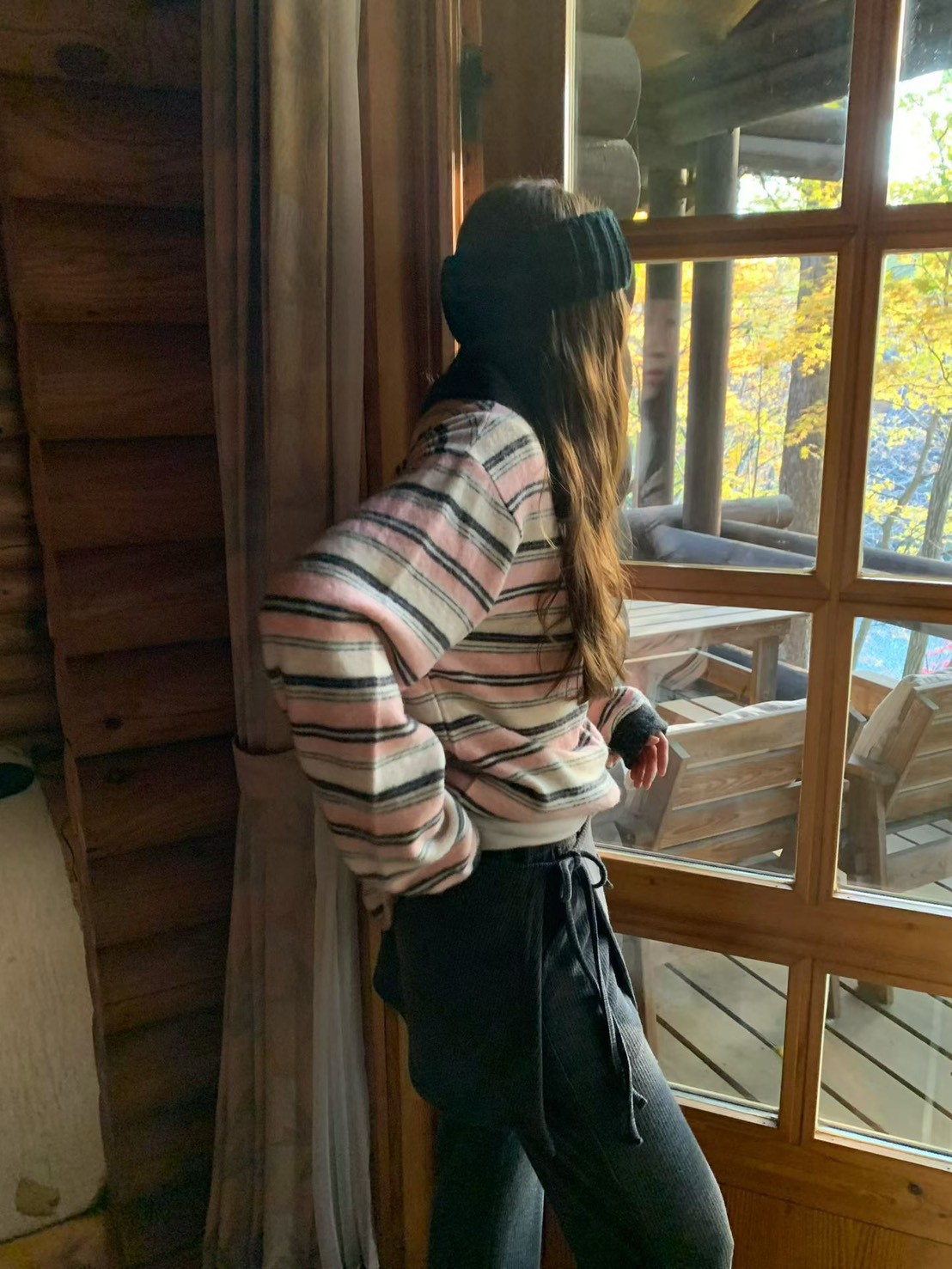 A68.復古女孩POLO領彩色條紋毛料上衣