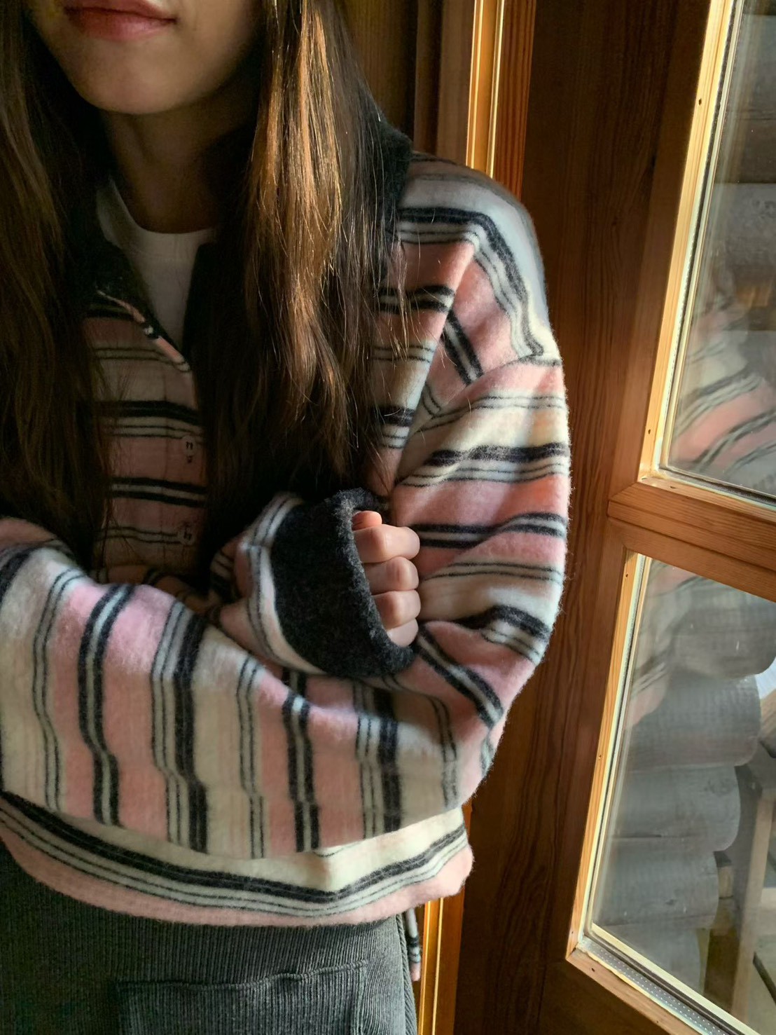 A68.復古女孩POLO領彩色條紋毛料上衣