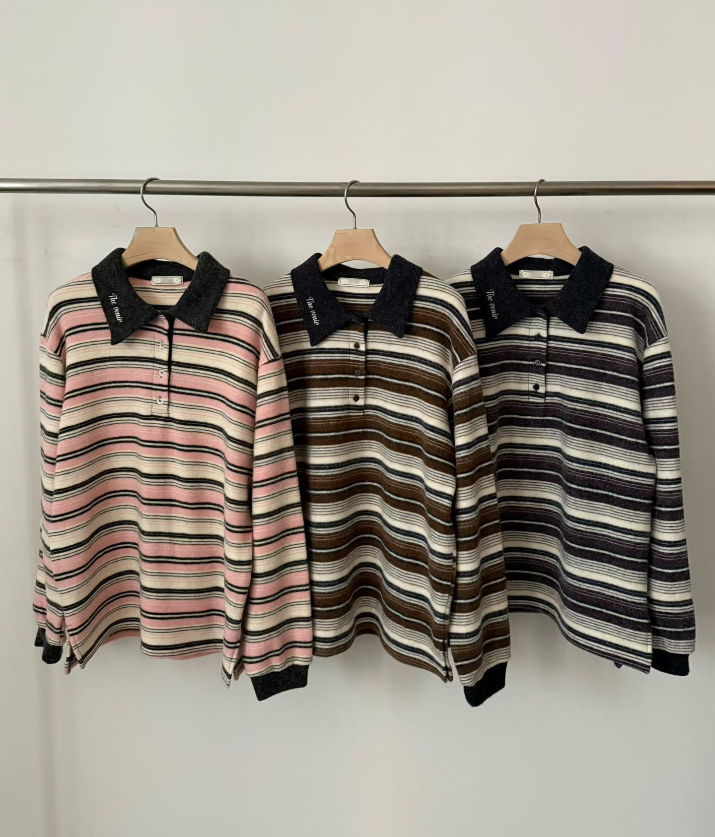 A68.復古女孩POLO領彩色條紋毛料上衣