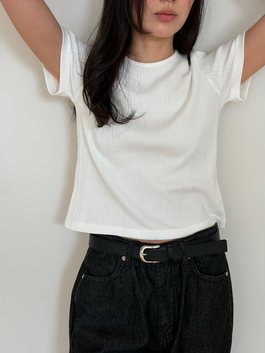 A34.瘦瘦歐膩直坑條彈性短袖TEE