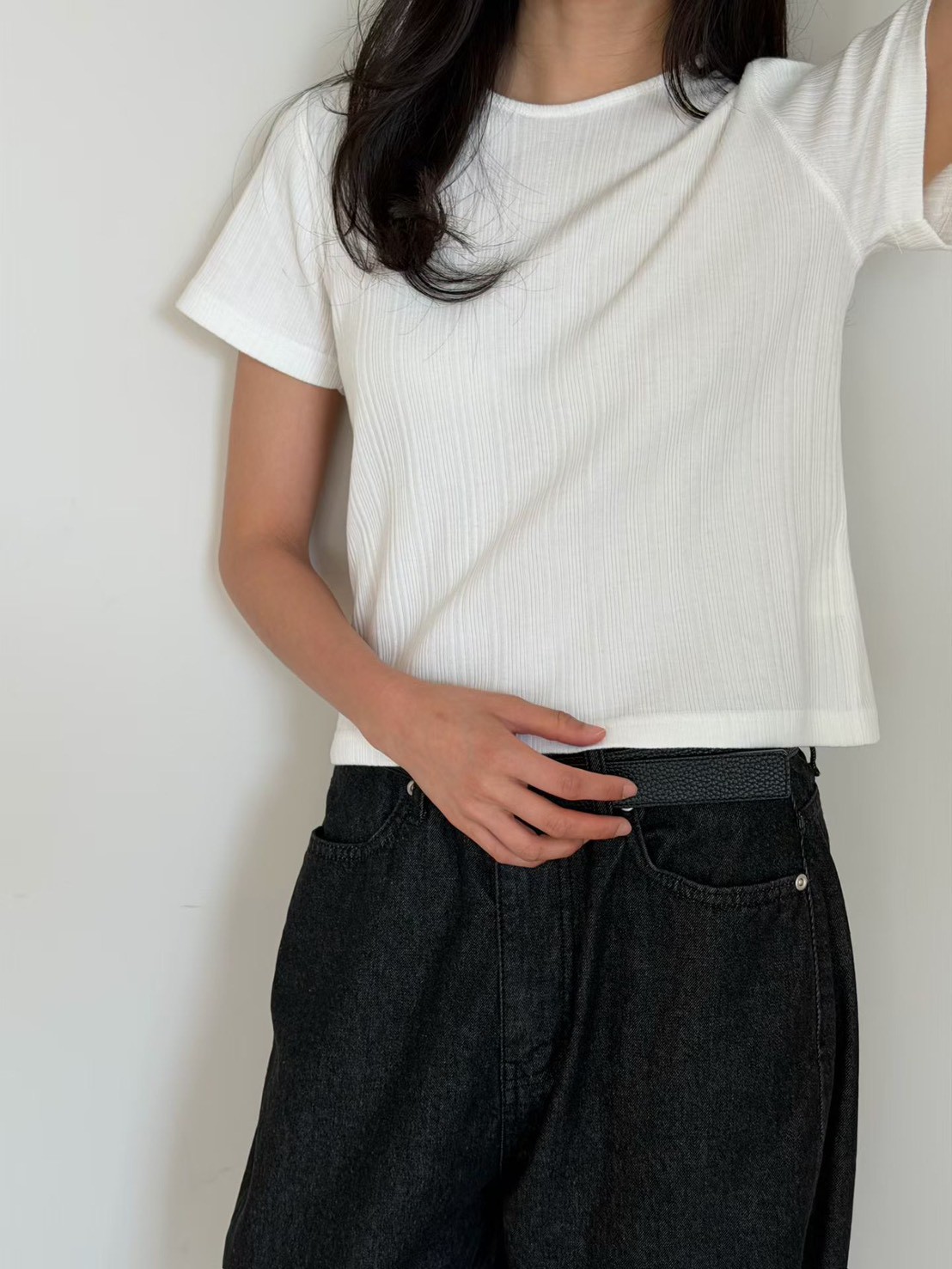 A34.瘦瘦歐膩直坑條彈性短袖TEE