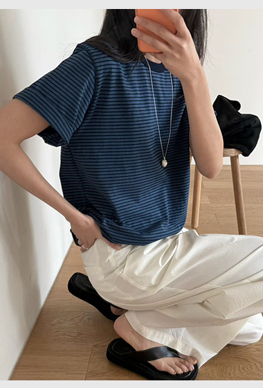 B91.瘦瘦歐膩撞色領口條紋TEE
