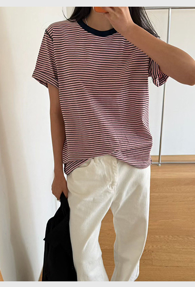 B91.瘦瘦歐膩撞色領口條紋TEE