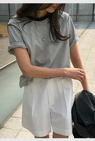 B91.瘦瘦歐膩撞色領口條紋TEE