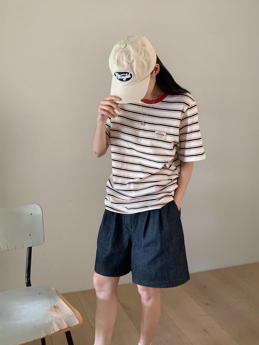 B50.亮眼復古橘寬條TEE