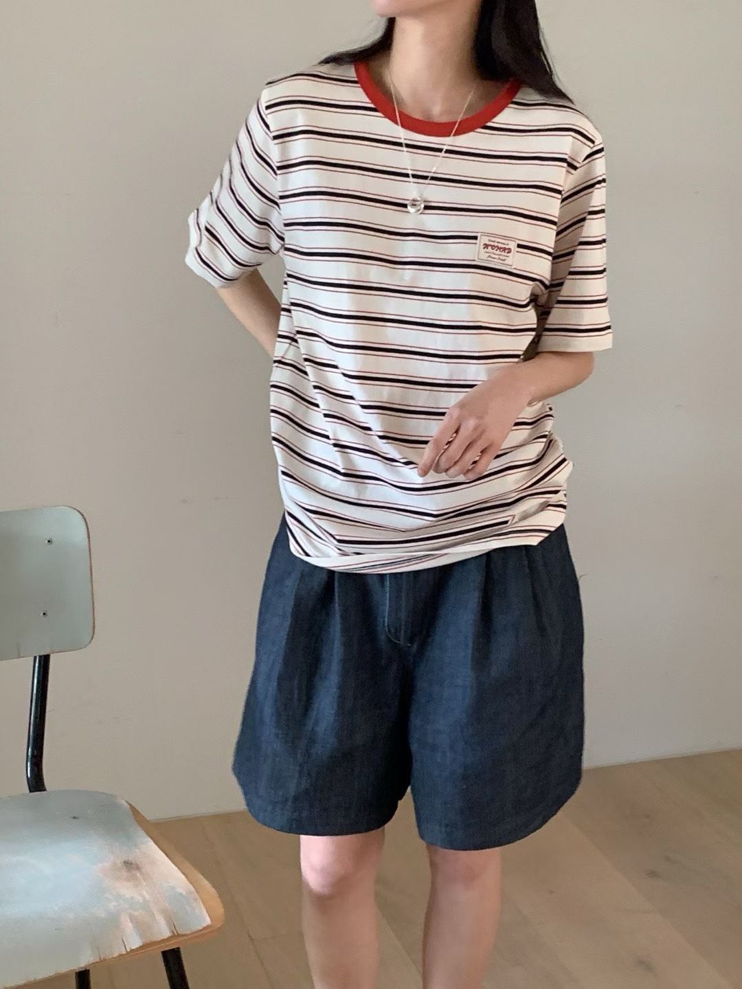 B50.亮眼復古橘寬條TEE