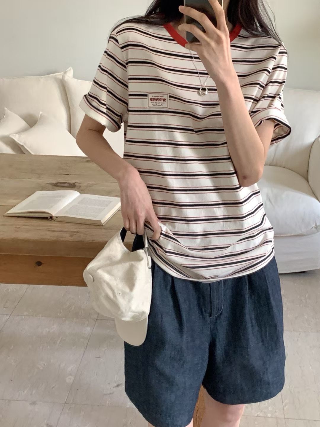 B50.亮眼復古橘寬條TEE