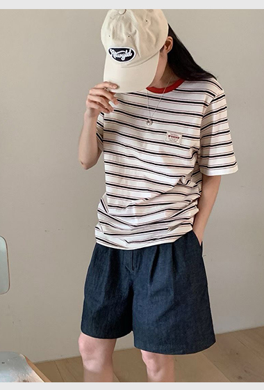 B50.亮眼復古橘寬條TEE