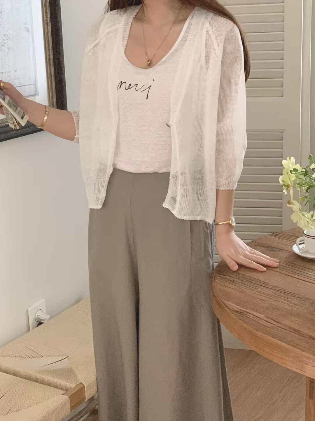 A100.可愛歐膩夏日U領印字亞麻背心