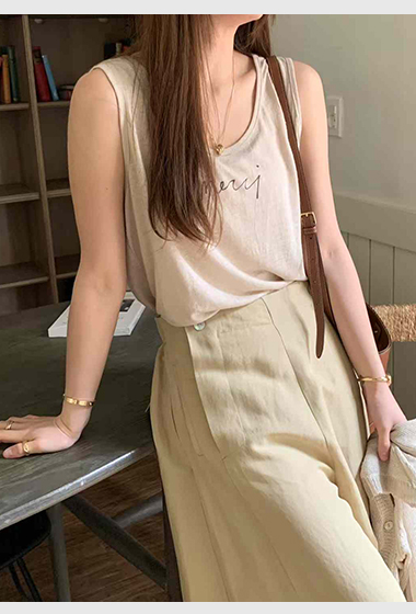A100.可愛歐膩夏日U領印字亞麻背心