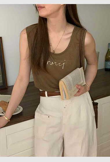A100.可愛歐膩夏日U領印字亞麻背心