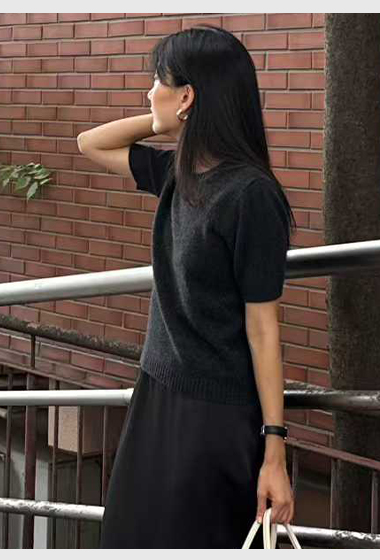 B39.清爽家多彩短袖坑條滾邊毛衣