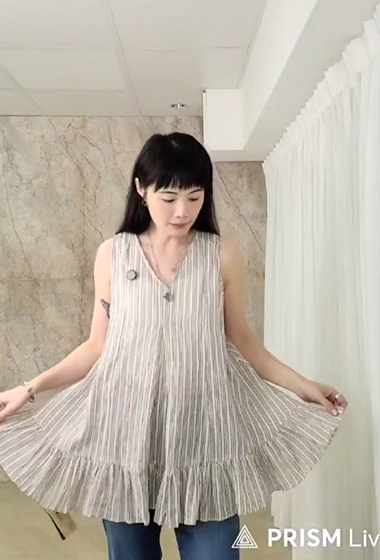 A10.清爽直條紋100%苧麻下擺荷葉背心