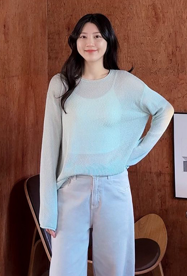 A75.捲邊圓領亞麻落肩針織上衣