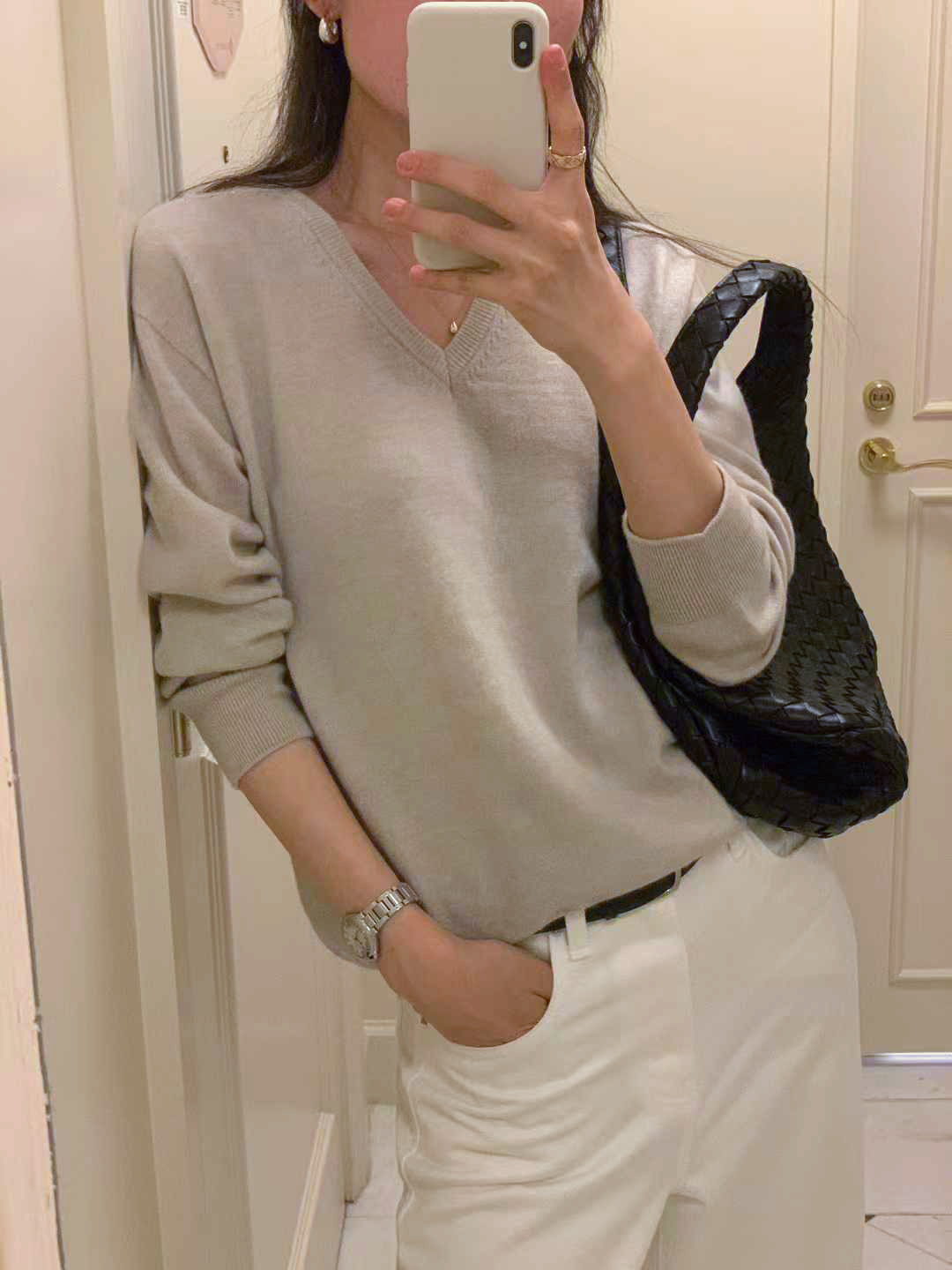 顏值家100%美麗諾羊毛無縫V領無縫毛衣