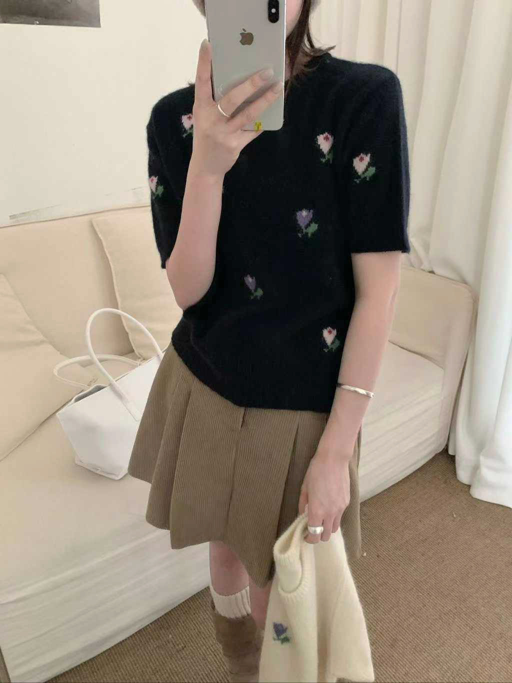 可可家小花朵100%WOOL短袖毛衣