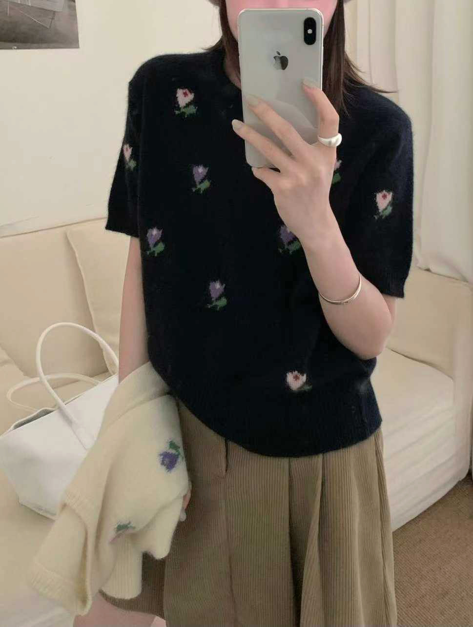 可可家小花朵100%WOOL短袖毛衣